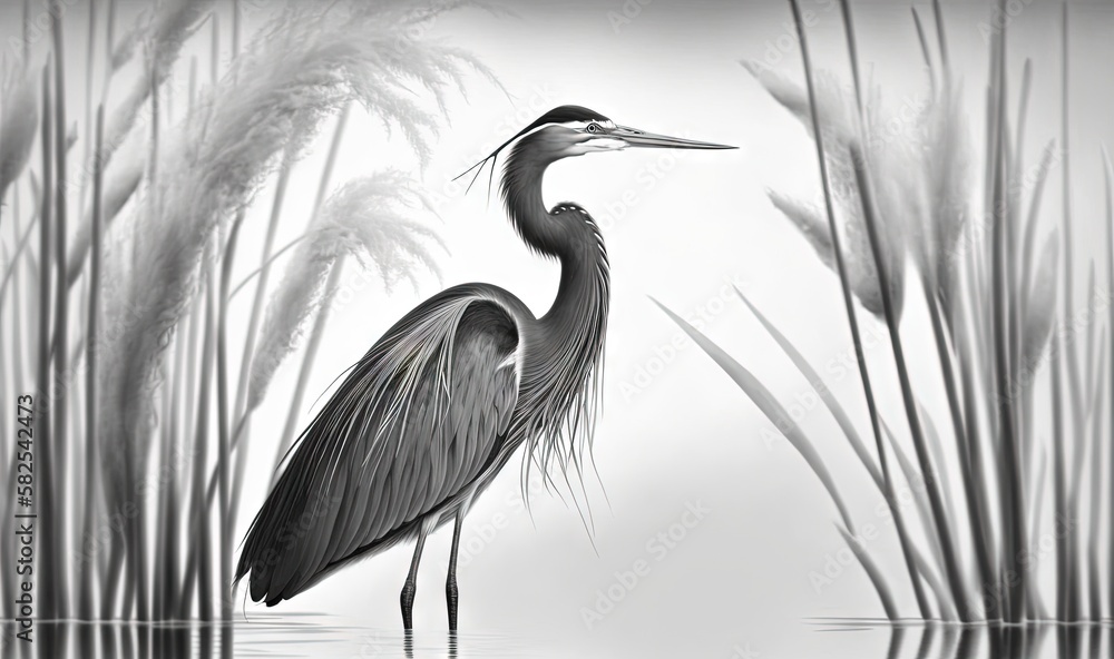 Poster a black and white photo of a bird standing in a body of water with reeds in the background and reeds