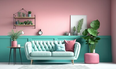  a living room with a couch, table, and potted plants on the side of the room and a pink wall behind the couch.  generative ai