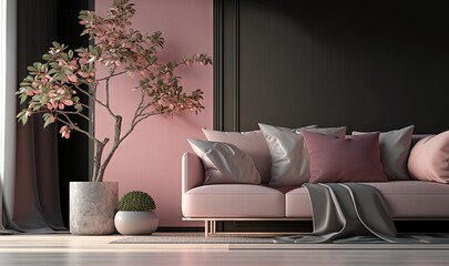  a living room with a couch and a potted plant on the side of the couch and a pink wall behind it with black drapes.  generative ai