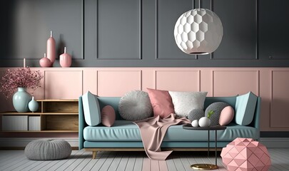  a living room with a blue couch, pink and grey pillows, and a pink lamp hanging from the ceiling and a pink and blue couch.  generative ai