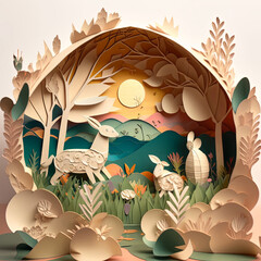 A paper art diorama symbolizing springtime, with a small fawn deer and a rabbit. The rabbit is like the easter bunny, with a large paper egg behind him.