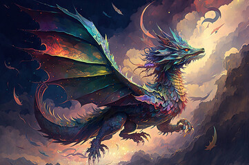 Prismatic dragon flying in the clouds. Beautiful and monstrous mythical creature