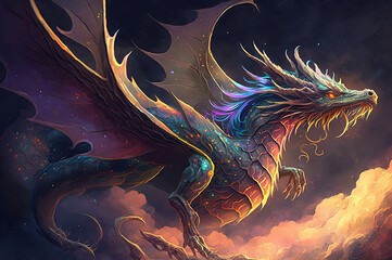 A dragon with prismatic scales flying through the air with sunset clouds in the background.