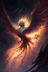Phoenix in fire silhouette in brilliant burning glory on a dark  fantasy portrait background