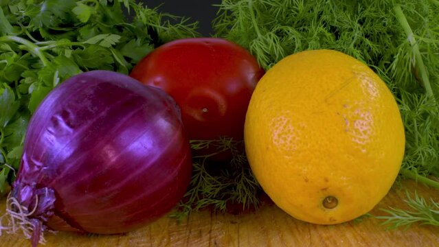 Close Up Shot of Main Vegetable Ingredients Used in Salad Making Footage.