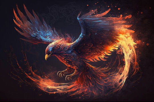 A phoenix with burning wings spread riding fire waves on a black background. Dark fantasy illustration.