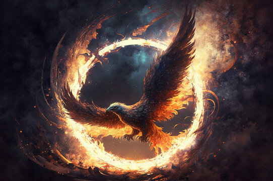 A mythical phoenix bird with glowing smoldering wings wreathed in a ring of fire on a black background. Dark fantasy illustration.