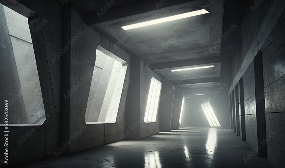 Poster a dark hallway with windows and light coming from the ceiling and windows on the wall and floor, wit