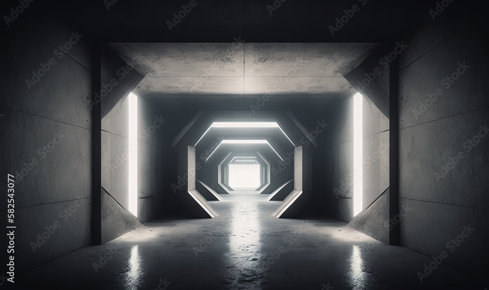 Poster a dark tunnel with light at the end and a bright light at the end of the tunnel on the right side of