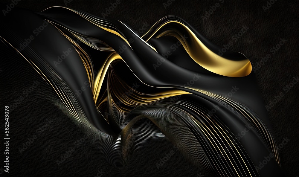 Poster a black and gold abstract background with wavy lines and curves on a black background with a gold st