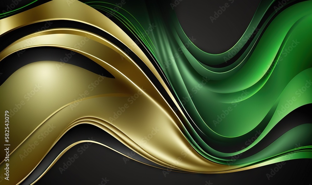 Poster a green and gold abstract background with wavy lines and curves on a black background with a light r