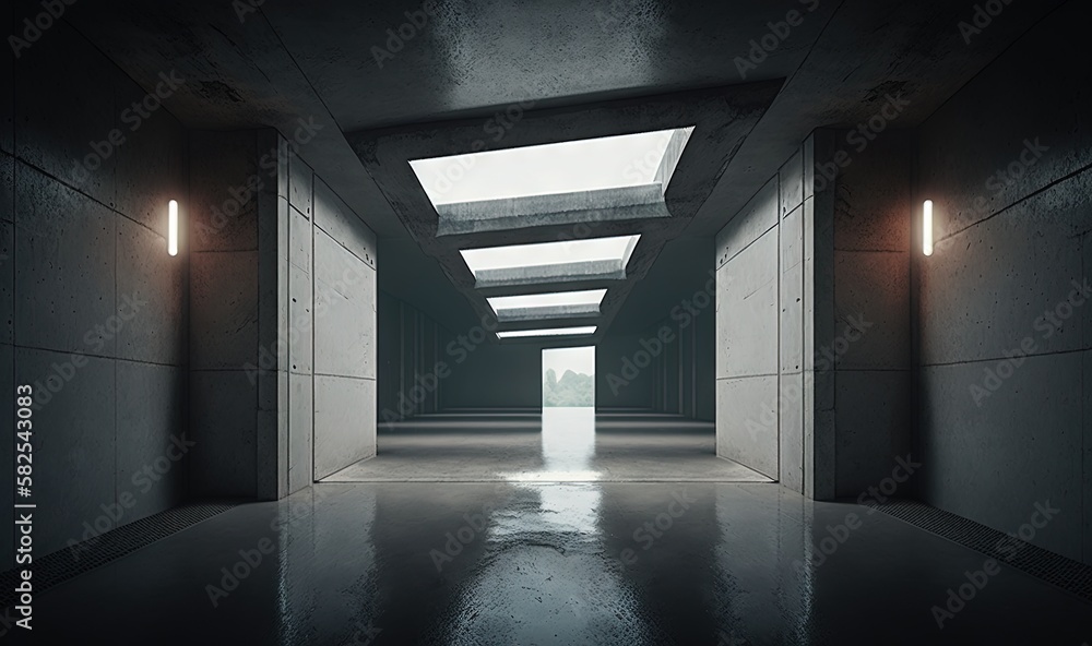 Poster an empty hallway with a skylight in the middle of the room and a concrete wall to the right of the r
