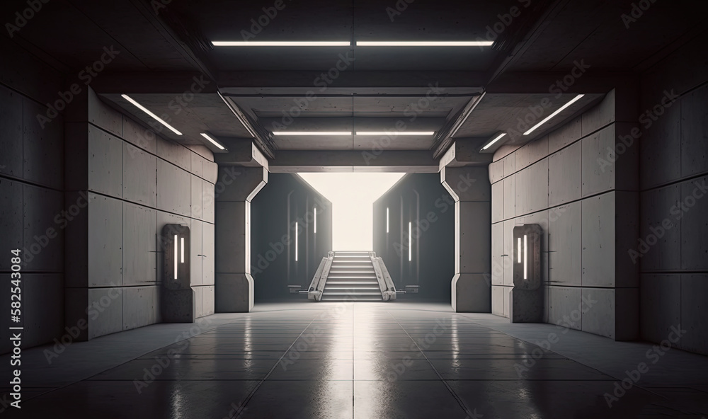 Poster an empty hallway with stairs leading up to the exit doors and a set of stairs leading up to the exit