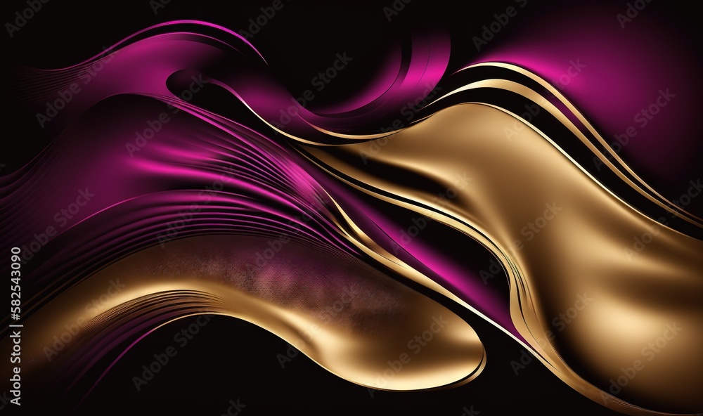 Poster an abstract purple and gold background with wavy lines and curves on a black background with a black