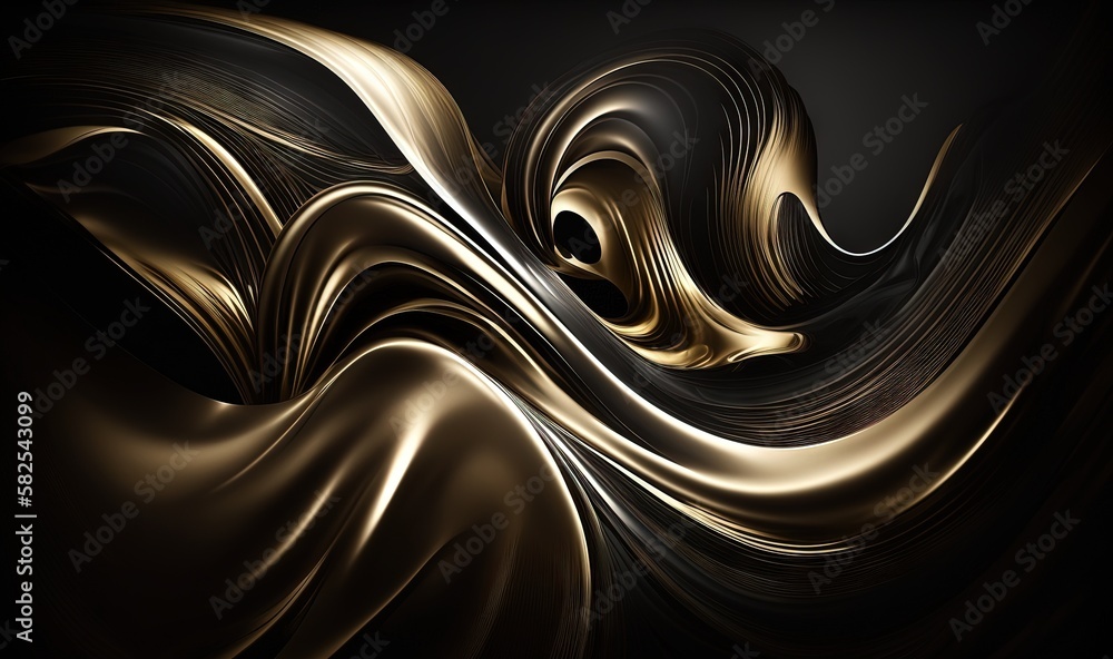 Poster an abstract gold and black background with wavy lines and curves on a black background with a black 