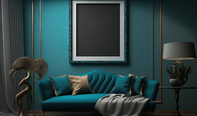  a living room with a blue couch and a picture frame on the wall above it that reads moloni haboum roule.  generative ai