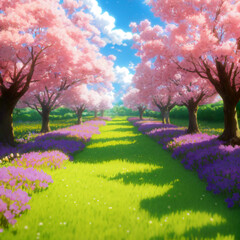 Cherry blossom trees and purple flowers in a field on a lovely summer day. Anime style artwork. Depth of field. Generative AI.