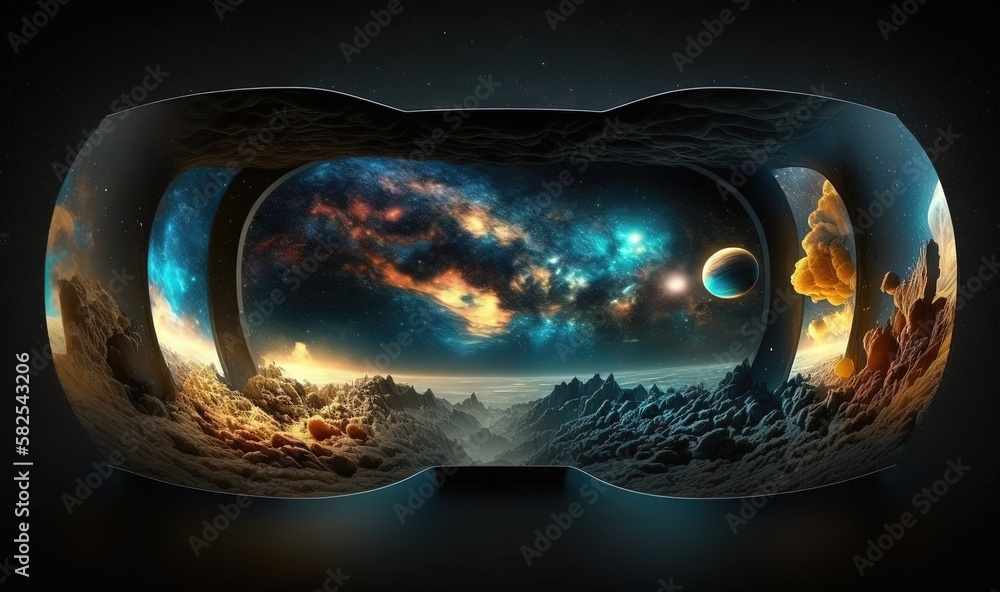 Poster a pair of virtual glasses with a view of the sky and stars in it, with a view of a distant planet in