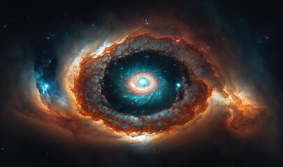  an image of a very large blue and orange object in the sky with stars in the background and in the center of the image is a spiral shape of a star.  generative ai