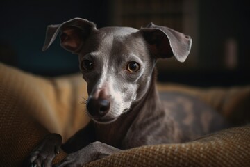 The Italian greyhound dog is resting on the couch. Generative AI