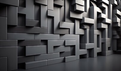  a black and white photo of a wall made out of squares and rectangles of different sizes and shapes, with a black floor.  generative ai