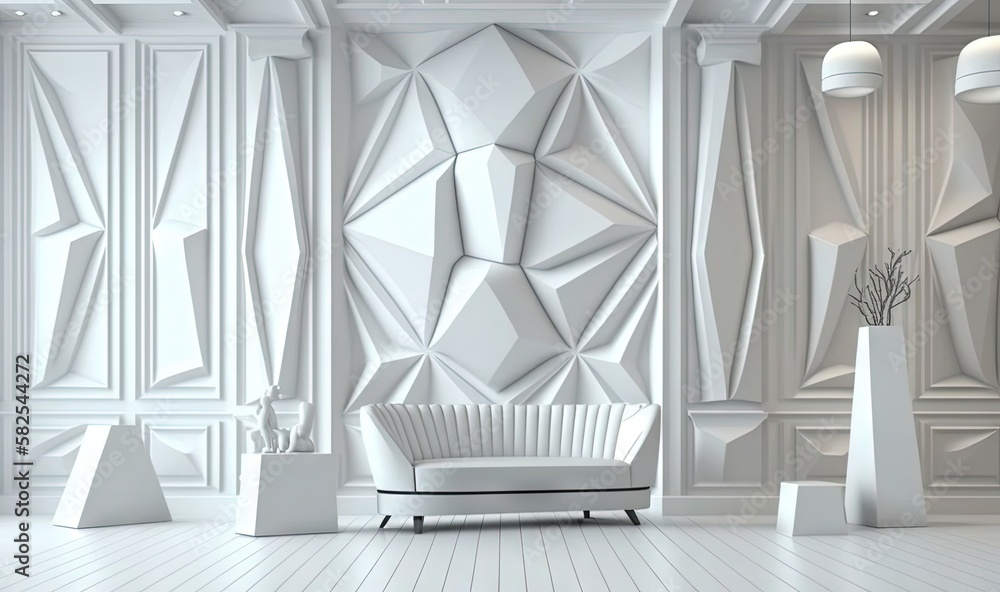 Poster a white room with a couch and two vases on the side of the room and a wall with a geometric pattern 