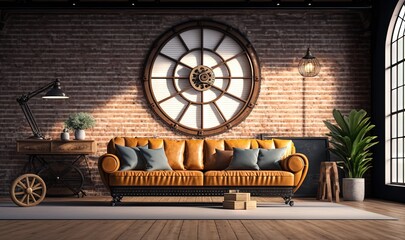 Fototapeta na wymiar a living room with a couch and a large clock on the wall above it and a table with a plant in front of the couch. generative ai