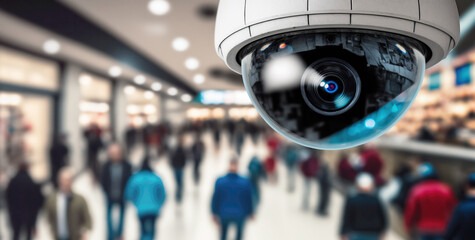 Close-up of a security camera lens monitoring crowd in a shopping center. Generative AI illustration - obrazy, fototapety, plakaty