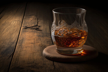  A glass of whiskey on a wooden table. ,generative artificial intelligence