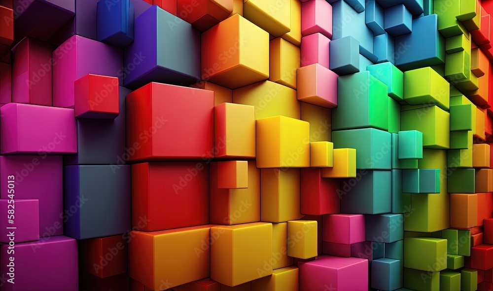 Poster a multicolored wall of cubes with a rainbow color scheme on the side of the wall and a red one on th
