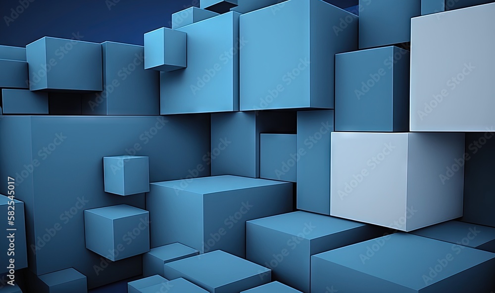Poster a blue and white abstract background with cubes and boxes in the middle of the image and a blue sky 