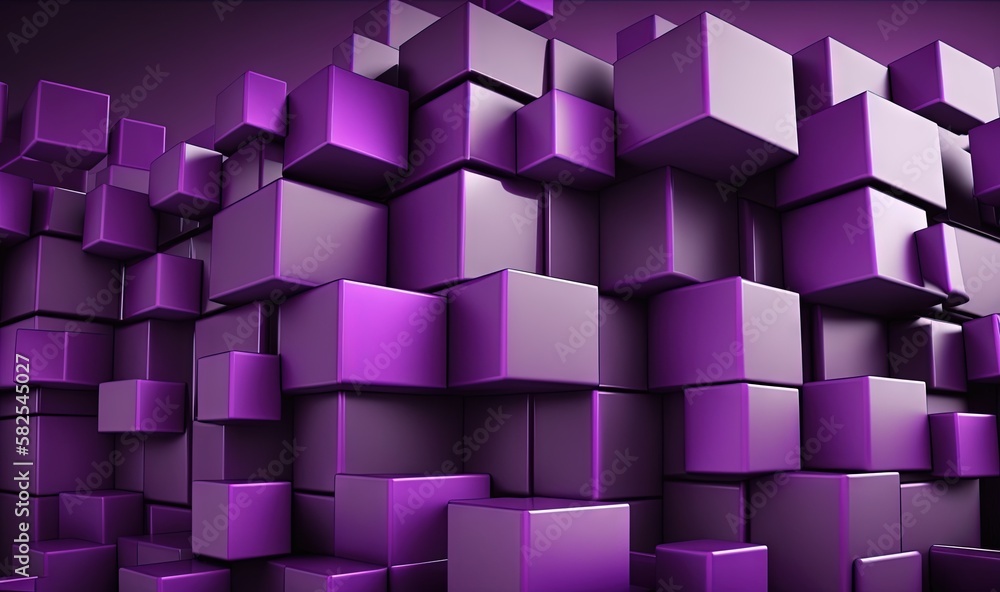 Poster a large group of purple cubes are stacked up in a pile on a purple background with a black border ar