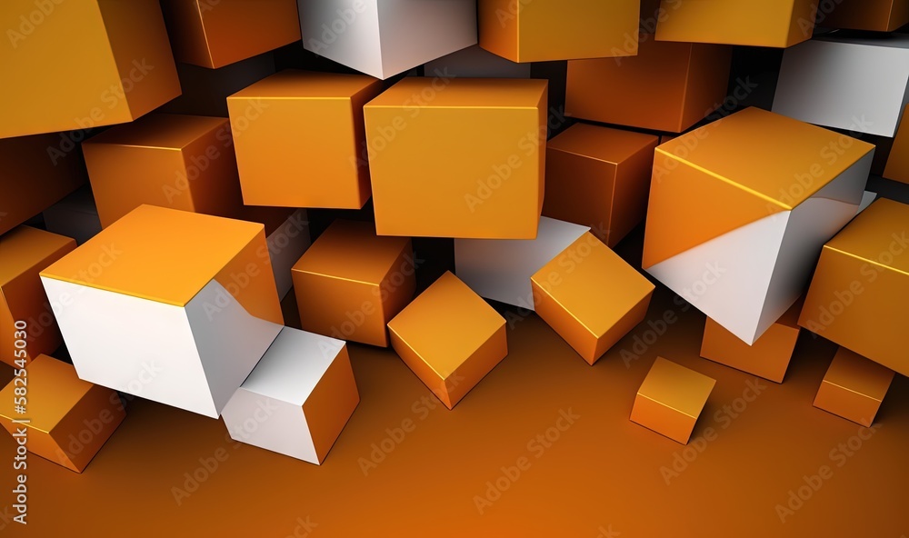 Poster a bunch of orange and white cubes on a brown surface with a brown floor in the middle of the image a