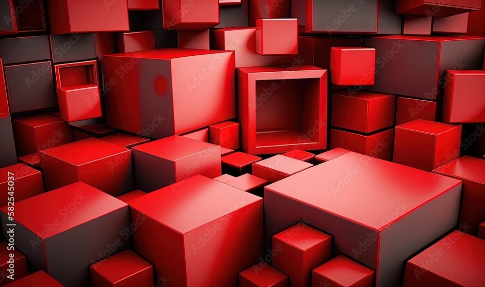 Poster a bunch of red cubes that are stacked together in a room with red walls and floor tiles on the walls