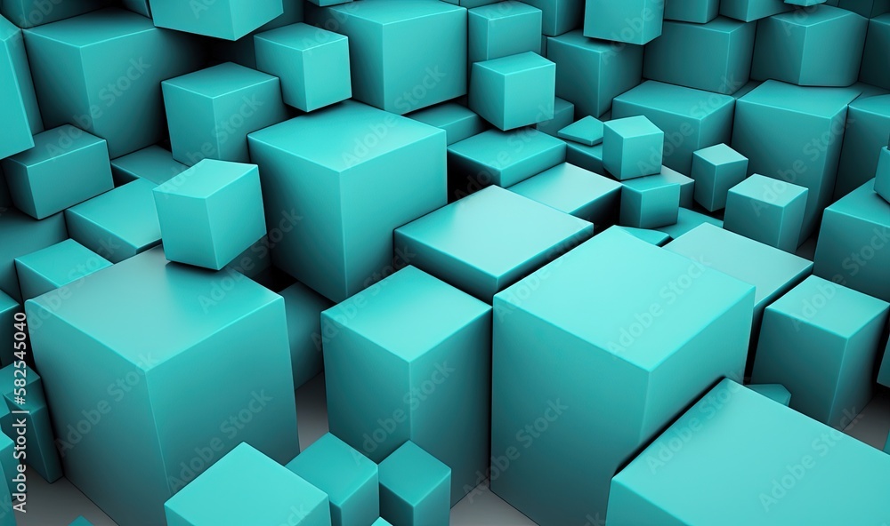 Poster a very large group of blue cubes that are all stacked up in the same direction and one is in the mid