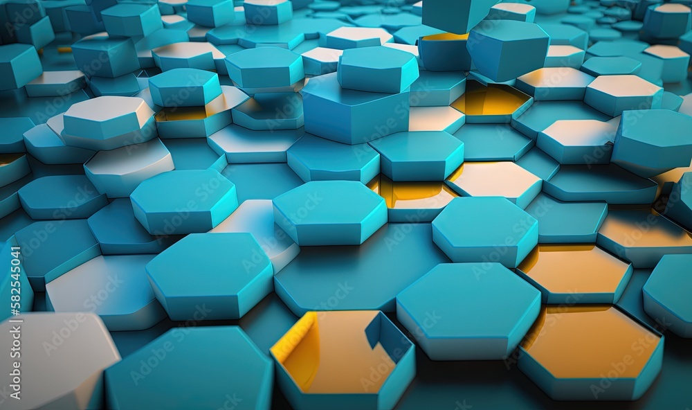 Poster a bunch of blue and yellow hexagons are arranged in a pattern on a blue surface with a yellow center