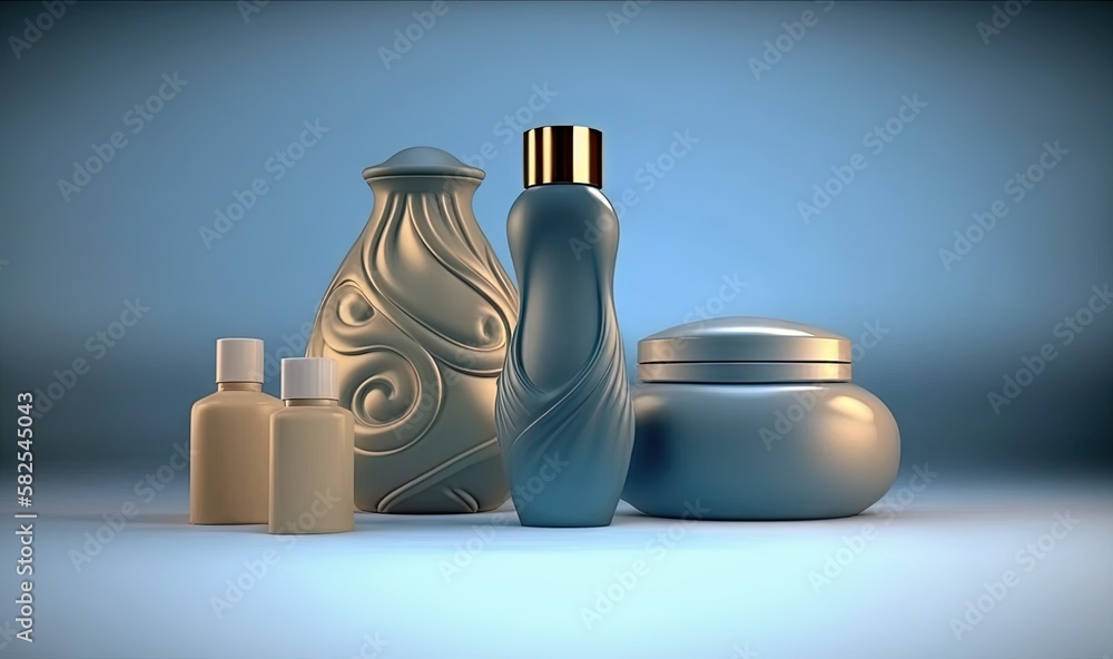 Poster a group of vases and jars sitting on a table top next to each other on a blue background with a blue