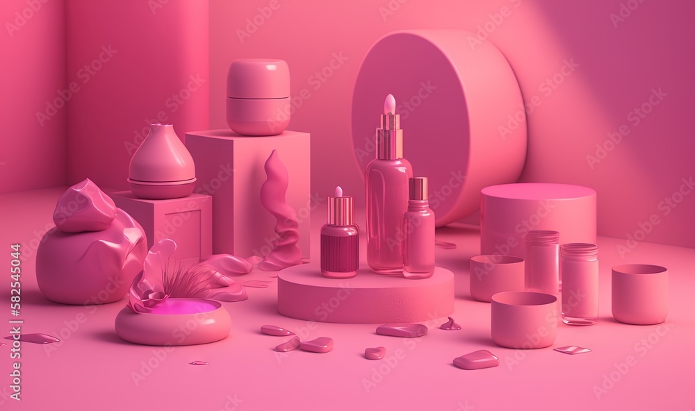 Poster a pink room with a lot of different items on the floor and a pink wall in the background with a ligh