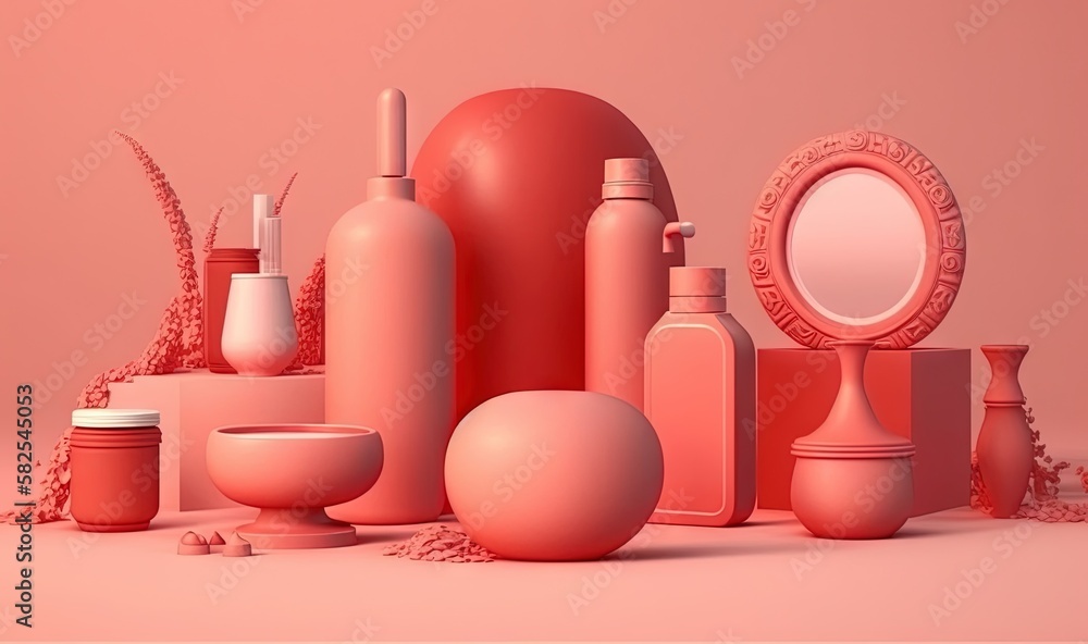 Poster a collection of pink objects on a pink background with a mirror and a bowl on the floor in front of 