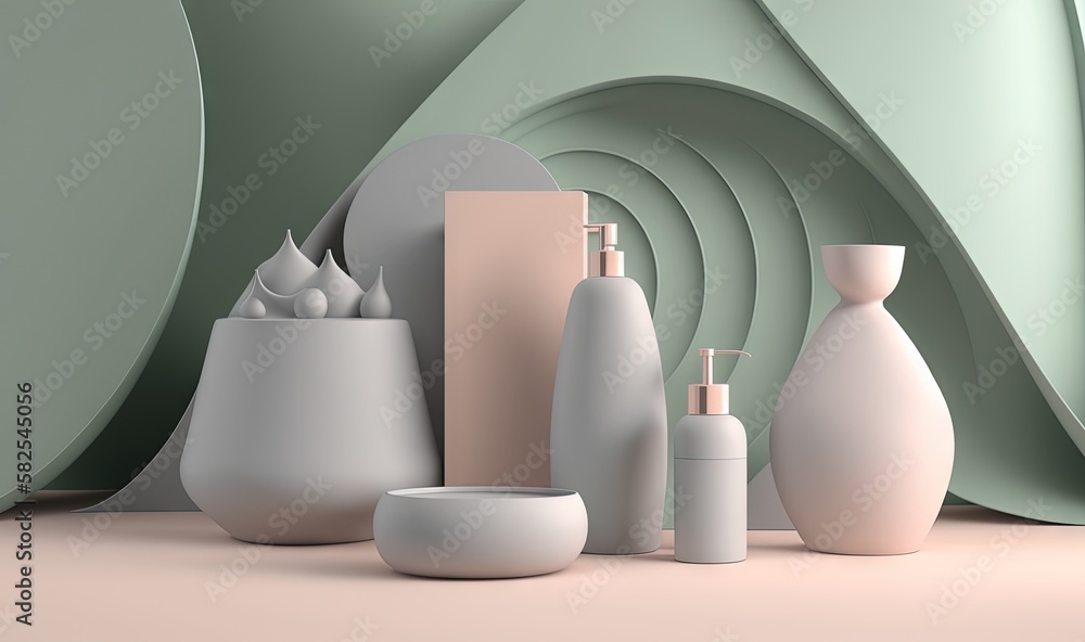 Poster a group of white vases and containers on a table with a green background and a pink wall behind them
