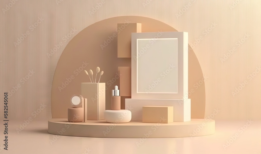 Poster a shelf with a mirror, vase, and other items on it in a room with a light colored wall and a beige b