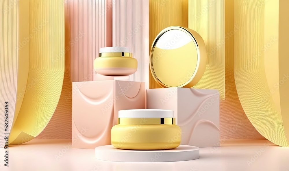 Poster  a set of cosmetic products on display in front of a curtained window with a mirror and a vase in front of it on a pedestal.  generative ai
