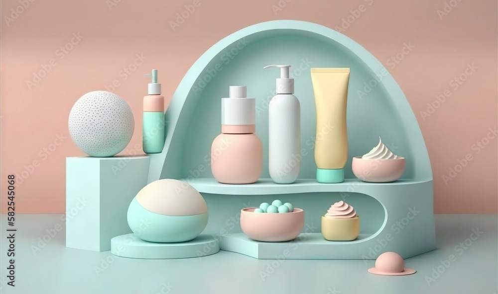 Poster a shelf filled with lots of different types of cosmetics and soaps on top of each other on a pink wa