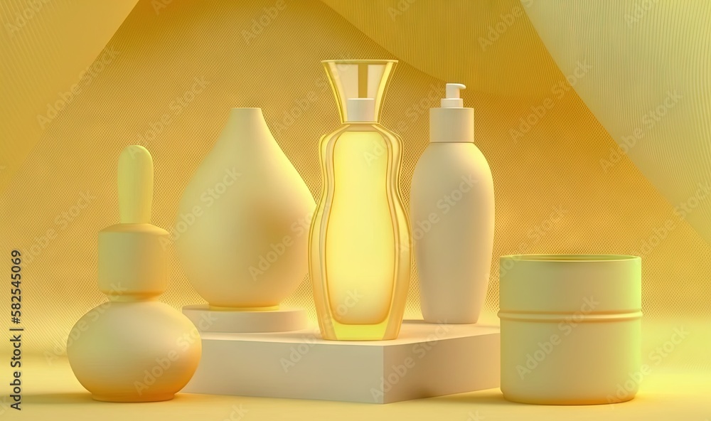 Poster a group of white vases and containers on a yellow background with a yellow background behind them an