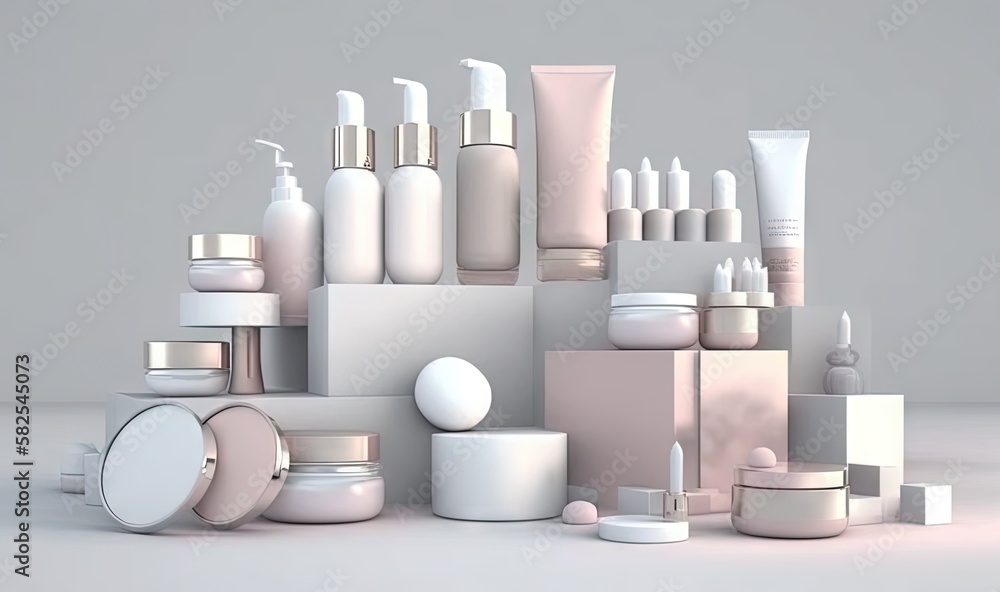 Poster a display of various types of skin care products on a white surface with a light gray background and