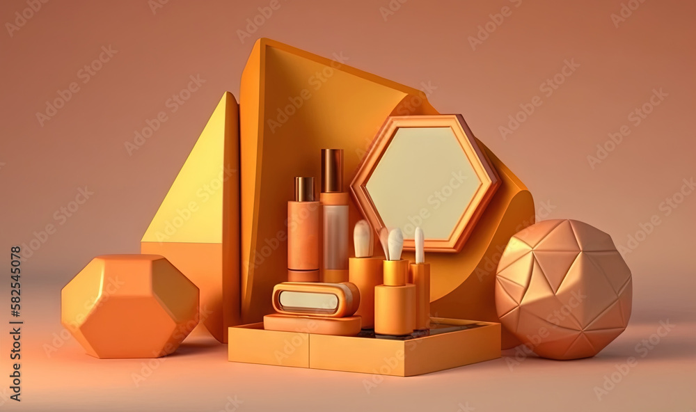 Poster a set of cosmetics and a mirror in a box on a pink background with a light reflection of the mirror 