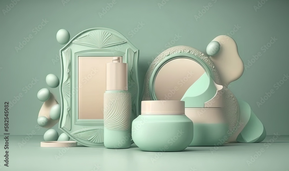 Poster a set of cosmetics and a mirror on a green background with a reflection of a woman's face in the mir