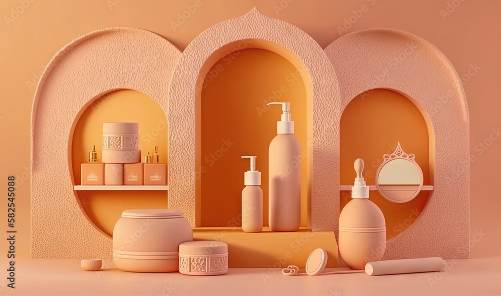 Poster a set of bathroom items displayed on a shelf in a room with a pink wall and a round archway in the c