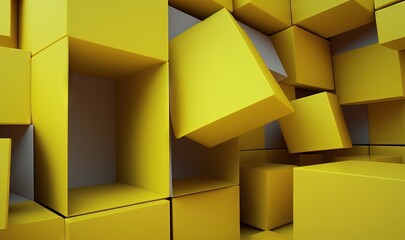  a bunch of yellow boxes stacked on top of each other in a room filled with yellow walls and flooring and a black clock on the wall.  generative ai