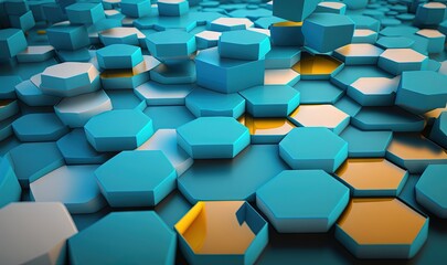  a bunch of blue and yellow hexagons are arranged in a pattern on a blue surface with a yellow center in the middle.  generative ai